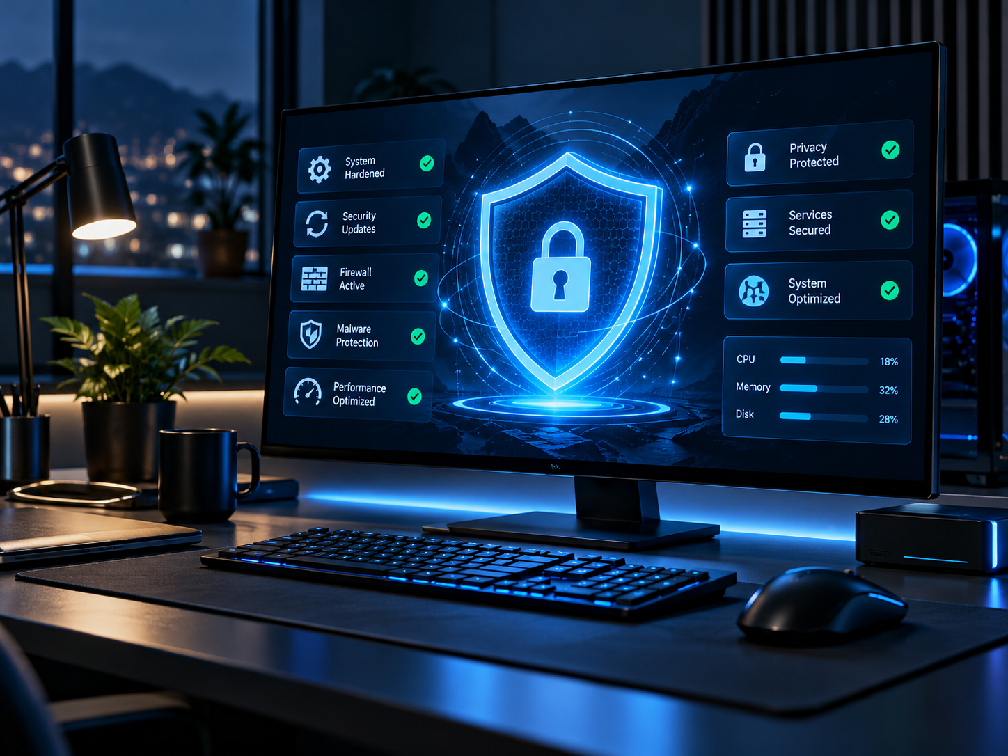 Shield representing computer security and system hardening