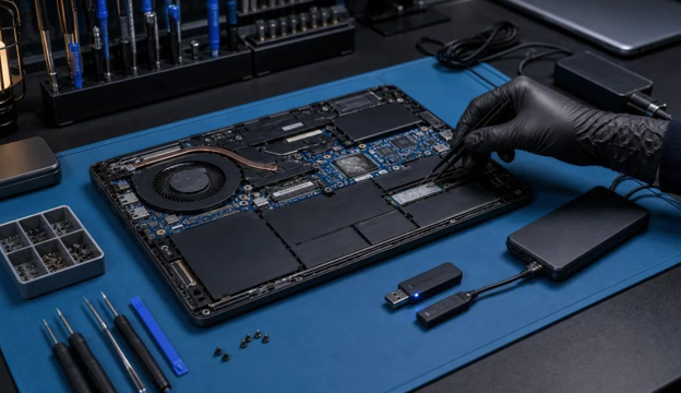 Desktop computer being diagnosed and repaired